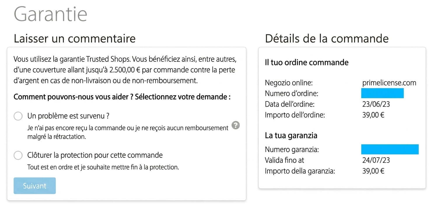 Garantie Trusted Shops sur PrimeLicense